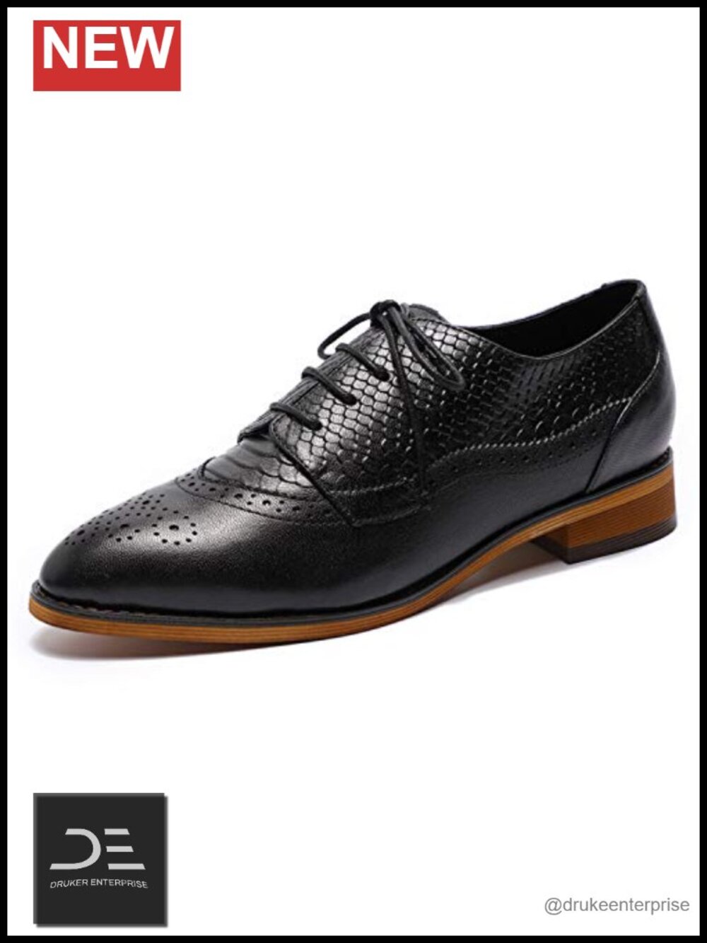 Women's Leather Oxfords Brogue Lace-up Derby Shoes Pointed Toe Low Heel